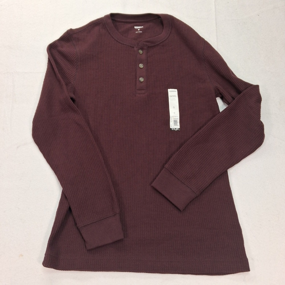 Sonoma Henley Mens Small The Essential Waffle Henley Plum Long Sleeve NEW
